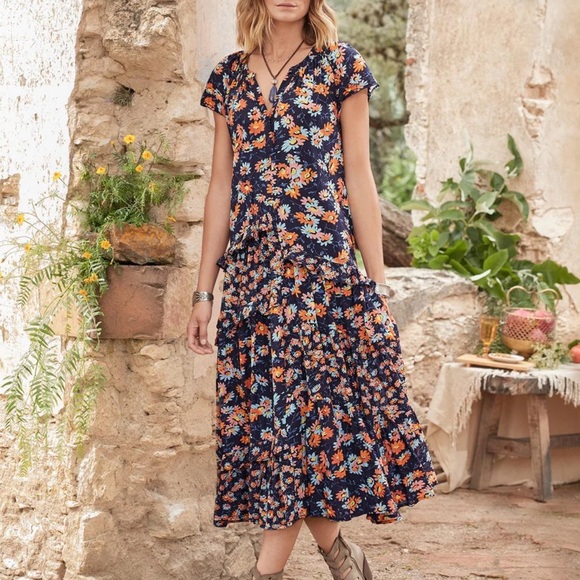 Sundace Pretty Petals Floral Blue Romantic Tiered Ruffle Midi Dress Sz M - Picture 1 of 8